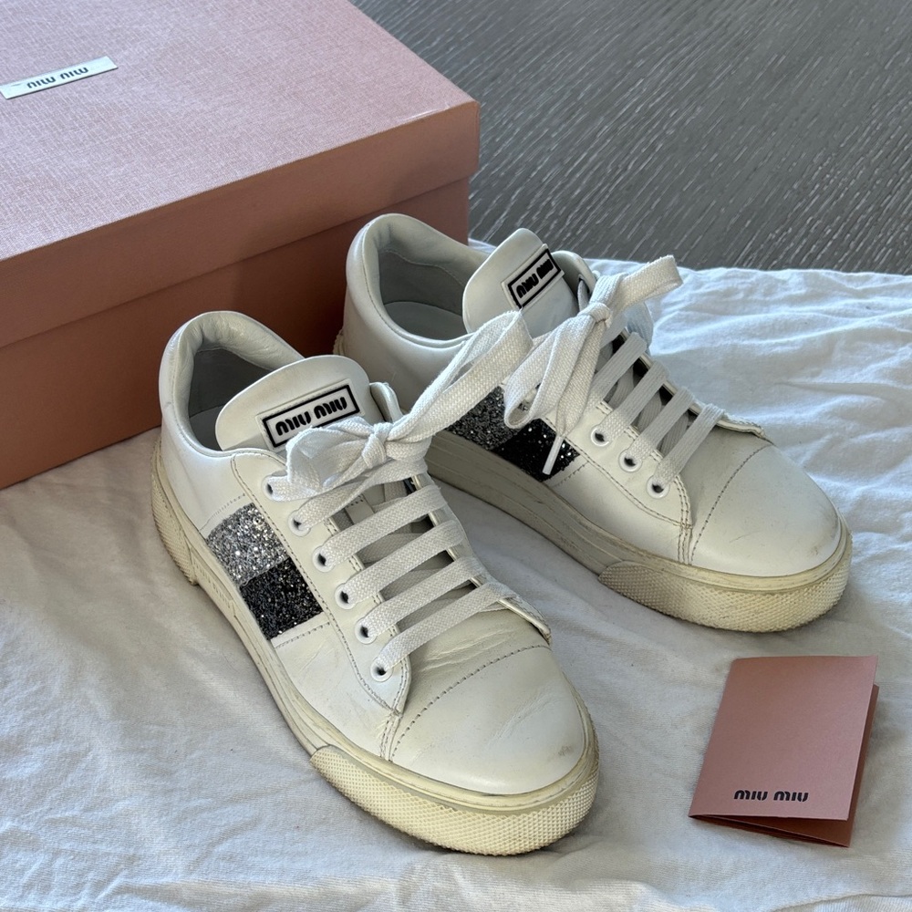 Miu Miu White and Silver Glitter Sneakers
